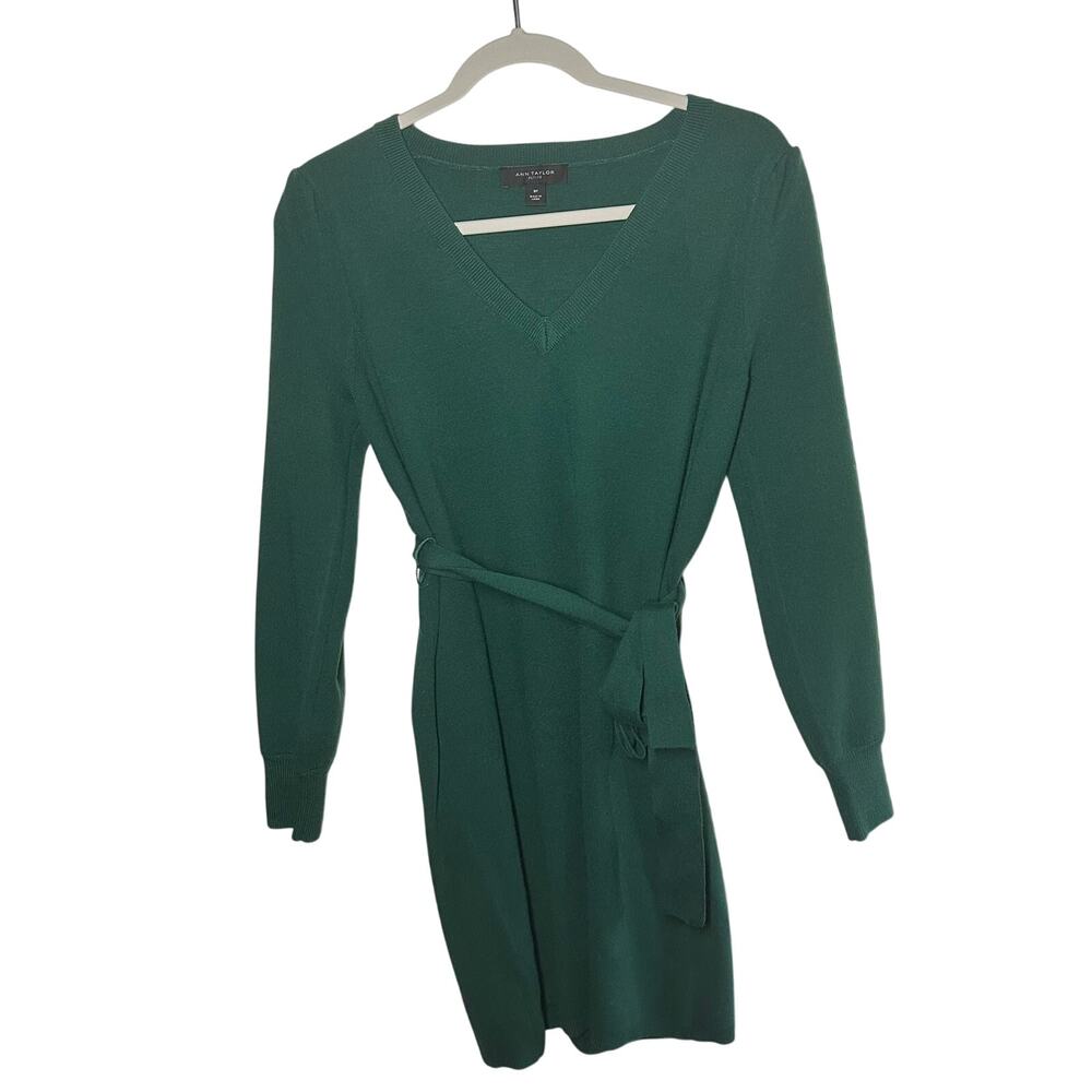 Ann Taylor Womens Green Sweater Long Sleeve Belted Knit Dress Size Medium Petite